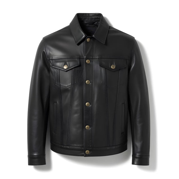 Men's Black Leather Trucker Jacket: Handmade Genuine Leather Coat