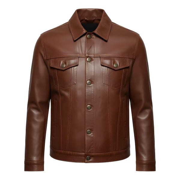 Black Cowhide Leather Trucker Jacket: Western Yoke, Snap Button