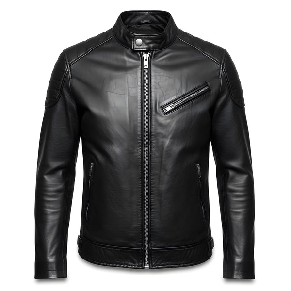 Men's Black Leather Biker Jacket with Quilted Shoulders, vintage jacket