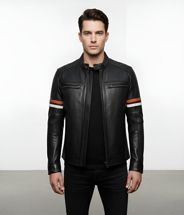 Men's Motorcycle Biker Jacket | Stripe Sleeve Design, Quilted Shoulders, 4 Zip Pockets