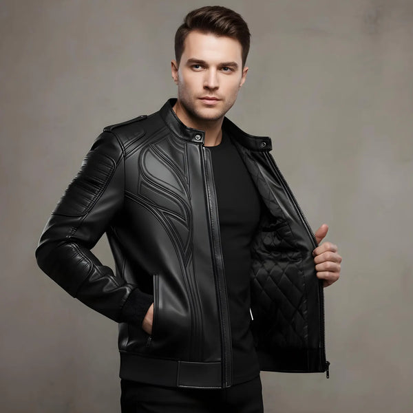 Black Motorcycle Jacket with Custom Stitching | Stand Collar, Ribbed Cuffs, Quilted Liner