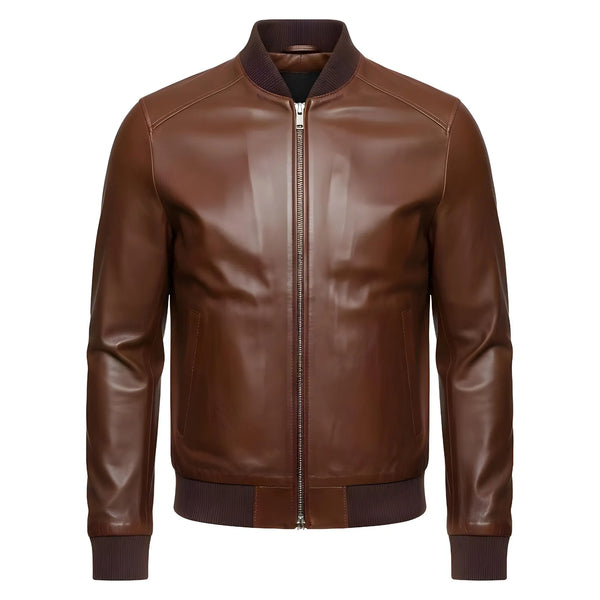Men's Brown Leather Bomber Jacket | Classic Style with Rib-Knit Trim