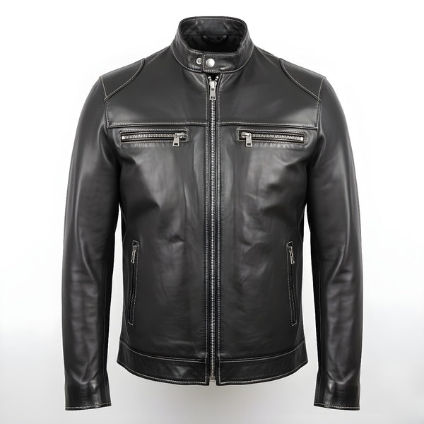 Men's Black Cowhide Leather Cafe Racer Jacket - Contrast Stitch Biker