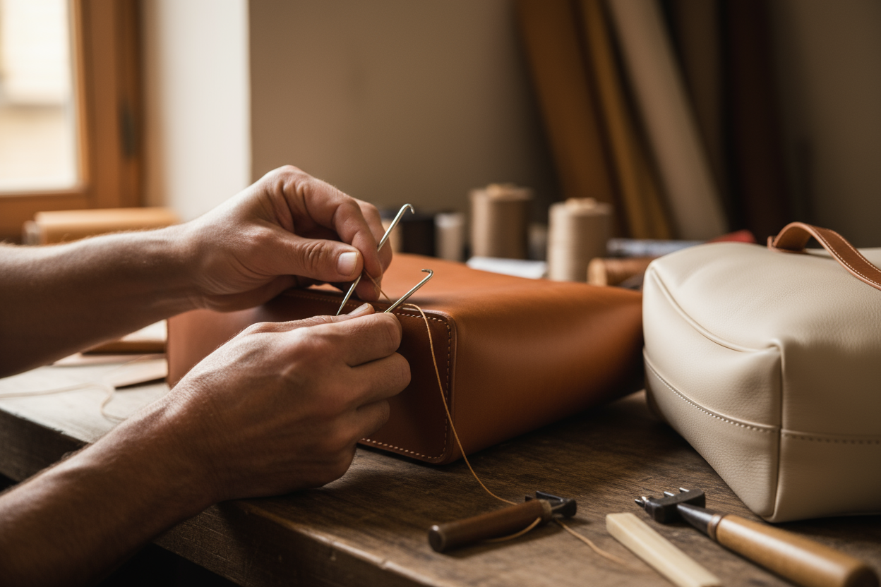 A close-up photo of a craftsman’s hands stitching a leather bag on a wooden table, soft warm light, background blurred, color tones in brown, tan, and ivory — luxury handmade aesthetic, premium photography.