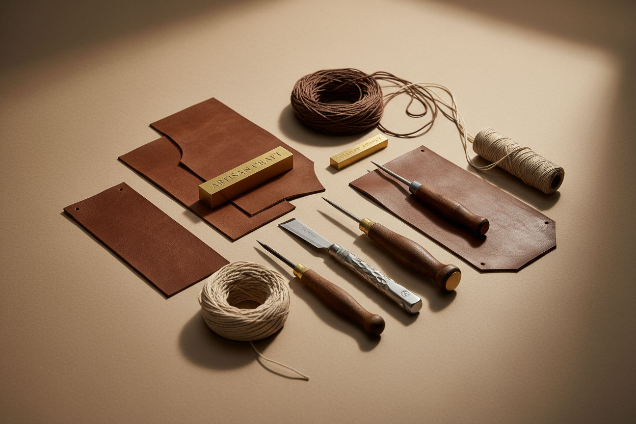 Flatlay of luxury leather crafting tools and brown full-grain leather pieces on beige surface, premium minimal composition, warm natural light, soft focus, cinematic tone, fits high-end handmade brand, 3:2 ratio.