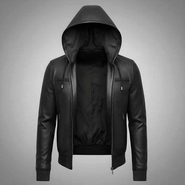 Men's Handmade Faux Leather Hooded Bomber Jacket motorcycle jacket