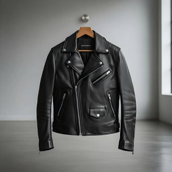 Handmade Black Cowhide Leather Motorcycle Jacket - Asymmetrical Zipper