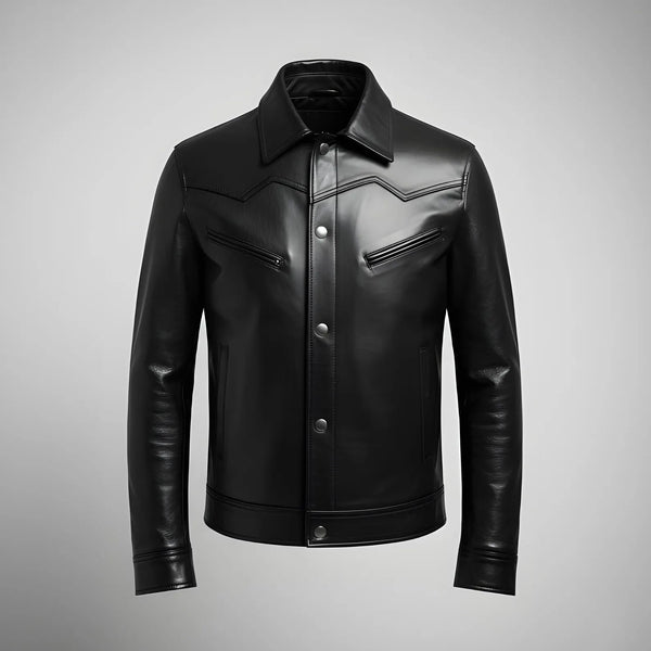 Black Cowhide Leather Trucker Jacket: Western Yoke, Snap Button