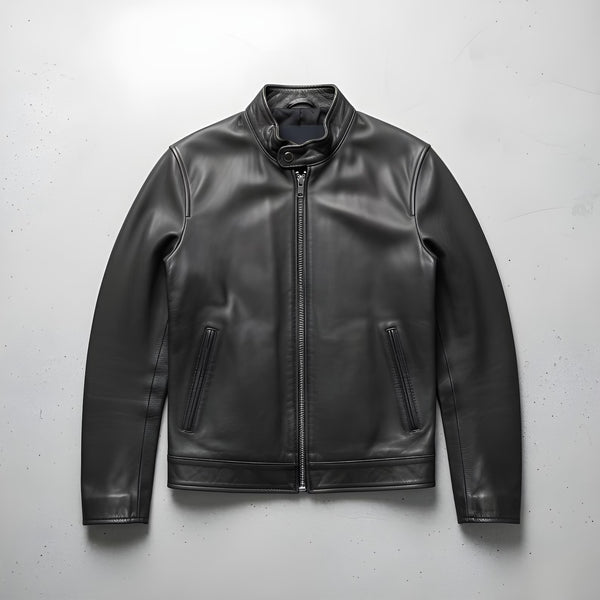 Handmade Black Cowhide Leather Motorcycle Jacket - Asymmetrical Zipper