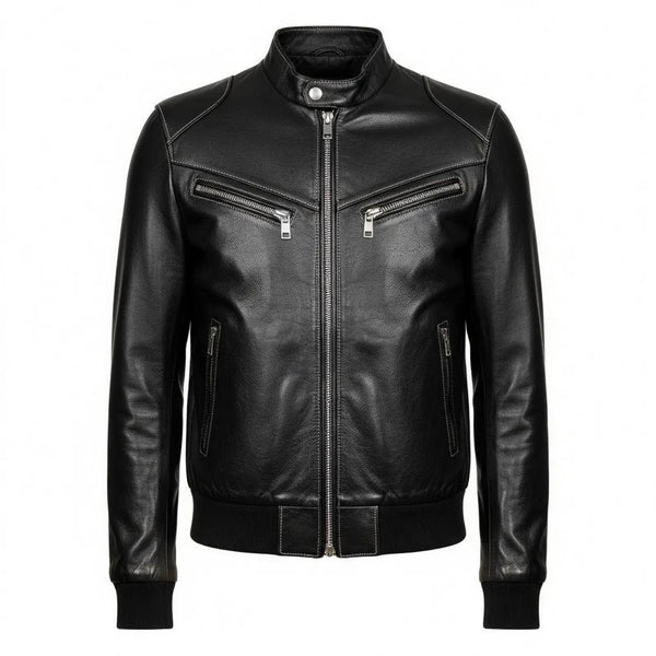Men's Black Cowhide Leather Bomber Jacket: Contrast Stitch