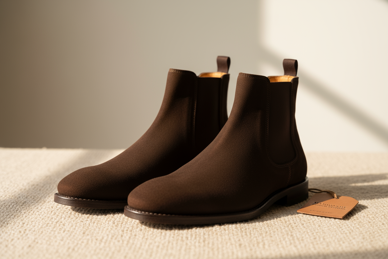 Studio shot of men’s classic suede Chelsea boots in deep brown, placed on beige textured surface, soft natural lighting, shallow depth of field, warm tones #151515 #FAF7F3, minimalist background, premium handmade leather footwear aesthetic.